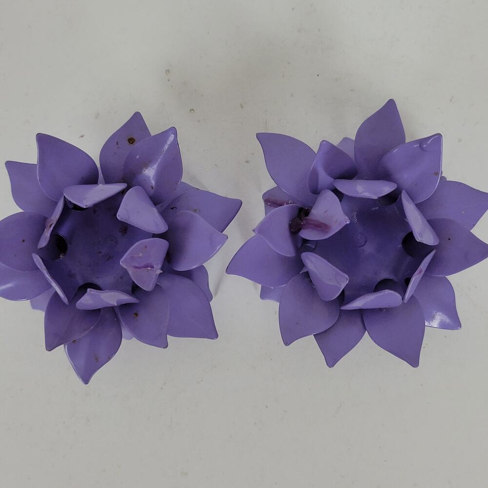 VINTAGE Lotus Flower Metal Purple Handmade Candle Holders Retro Set of 2 - Picture 4 of 13